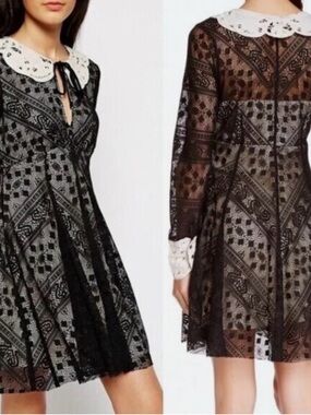 Free People “Talk that Talk” Black Lace A-Line Dress with White Peter Pan Collar